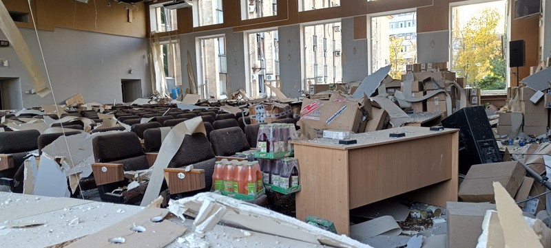 DONETSK, UKRAINE - OCTOBER 16: A view of the damaged Donetsk city administration building after shelling in Donetsk, Ukraine on October 16, 2022. No one was hurt despite the destruction. (Photo by Leon Klein/Anadolu Agency via Getty Images)