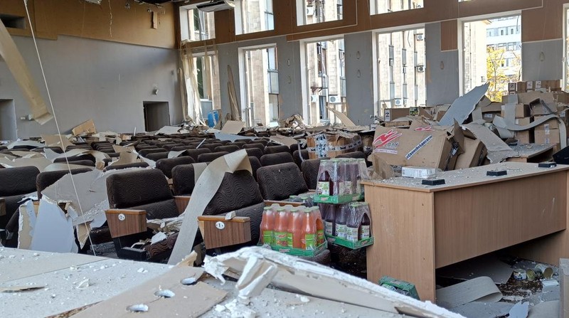 DONETSK, UKRAINE - OCTOBER 16: A view of the damaged Donetsk city administration building after shelling in Donetsk, Ukraine on October 16, 2022. No one was hurt despite the destruction. (Photo by Leon Klein/Anadolu Agency via Getty Images)