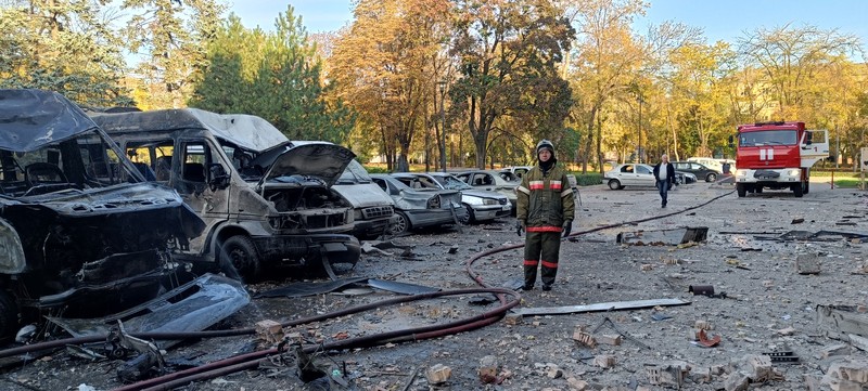 DONETSK, UKRAINE - OCTOBER 16: A view of the damaged Donetsk city administration building after shelling in Donetsk, Ukraine on October 16, 2022. No one was hurt despite the destruction. (Photo by Leon Klein/Anadolu Agency via Getty Images)