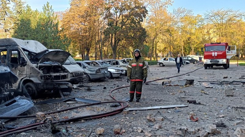 DONETSK, UKRAINE - OCTOBER 16: A view of the damaged Donetsk city administration building after shelling in Donetsk, Ukraine on October 16, 2022. No one was hurt despite the destruction. (Photo by Leon Klein/Anadolu Agency via Getty Images)