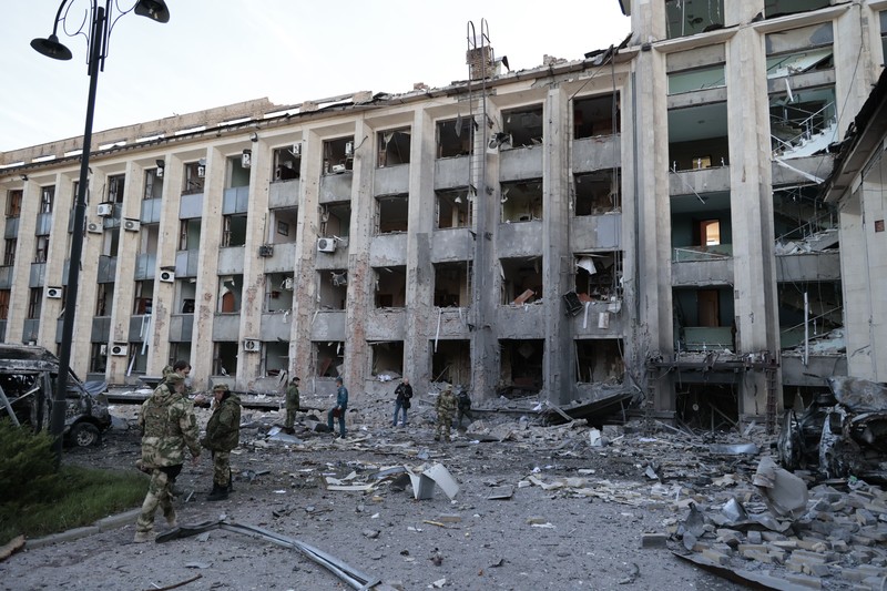 DONETSK, UKRAINE - OCTOBER 16: A view of the damaged Donetsk city administration building after shelling in Donetsk, Ukraine on October 16, 2022. No one was hurt despite the destruction. (Photo by Leon Klein/Anadolu Agency via Getty Images)