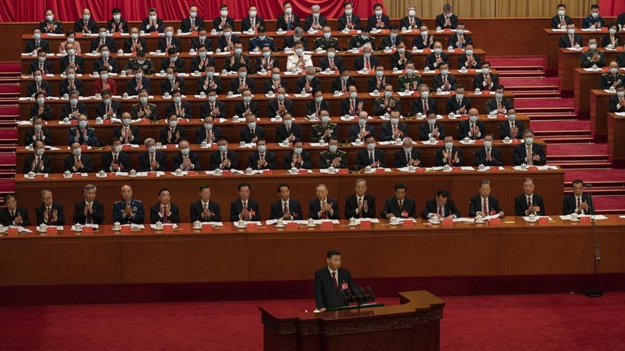 Chinese President Xi Jinping, former president Hu Jintao, Premier Li Keqiang, Chinese People's Political Consultative Conference (CPPCC) Chairman Wang Yang, and National People's Congress (NPC) Standing Committee Chairman Li Zhanshu arrive for the opening ceremony of the 20th National Congress of the Communist Party of China, at the Great Hall of the People in Beijing, China October 16, 2022. REUTERS/Thomas Peter