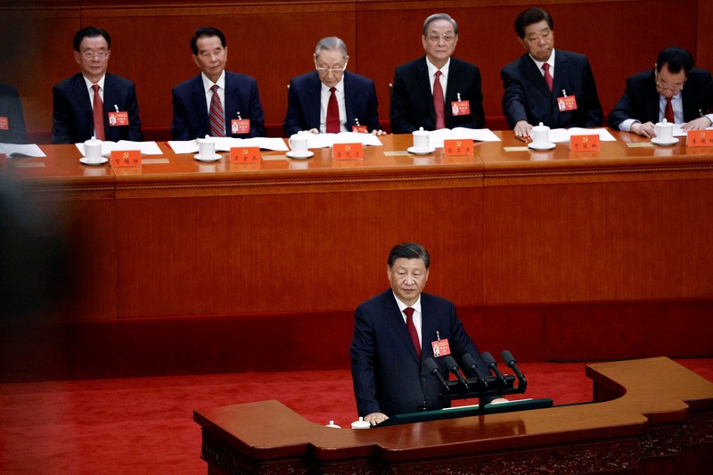 CHINA-CONGRESS/ Chinese President Xi Jinping, former president Hu Jintao, Premier Li Keqiang, Chinese People's Political Consultative Conference (CPPCC) Chairman Wang Yang, and National People's Congress (NPC) Standing Committee Chairman Li Zhanshu arrive for the opening ceremony of the 20th National Congress of the Communist Party of China, at the Great Hall of the People in Beijing, China October 16, 2022. REUTERS/Thomas Peter