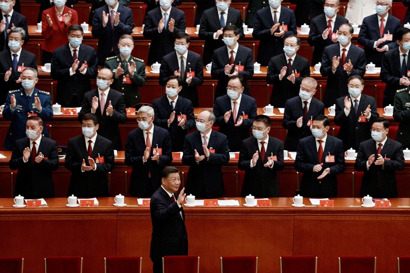 Chinese President Xi Jinping, former president Hu Jintao, Premier Li Keqiang, Chinese People's Political Consultative Conference (CPPCC) Chairman Wang Yang, and National People's Congress (NPC) Standing Committee Chairman Li Zhanshu arrive for the opening ceremony of the 20th National Congress of the Communist Party of China, at the Great Hall of the People in Beijing, China October 16, 2022. REUTERS/Thomas Peter