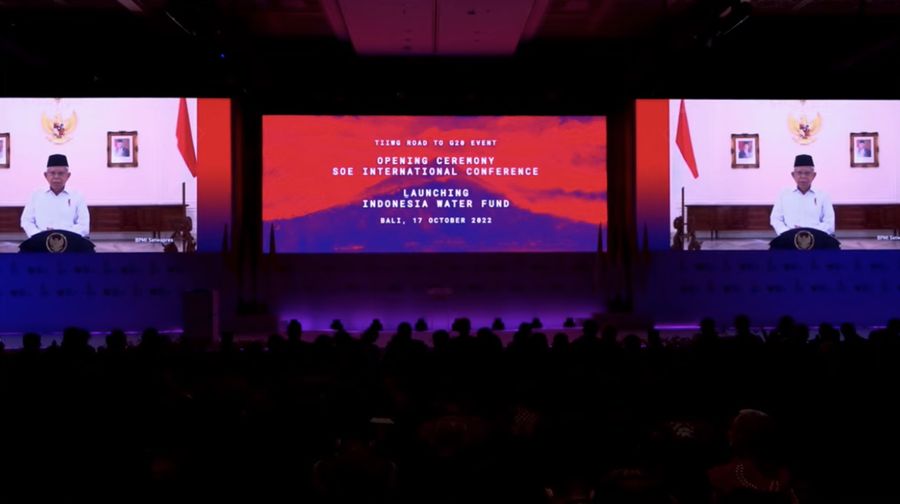 Wakil Presiden Ma'ruf Amin Saat Pembukaan SOE International Conference dan Peluncuran Indonesia Water Fund (IWF) di Bali, Senin (17/10/2022). (Tangkapan layar via Youtube Kementerian BUMN)
