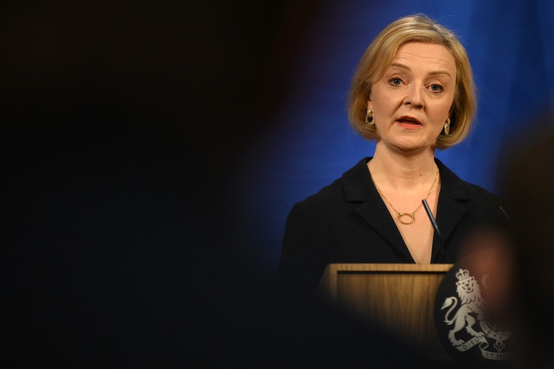 LONDON, ENGLAND - OCTOBER 14: UK Prime Minister Liz Truss talks at a press conference in 10 Downing Street after sacking her former Chancellor, Kwasi Kwarteng, on October 14, 2022 in London, England. After just five weeks in the job, Prime Minister Liz Truss has sacked Chancellor of The  Exchequer Kwasi Kwarteng after he delivered a mini-budget that plunged the UK economy into crisis. (Photo by Daniel Leal - WPA Pool/Getty Images)