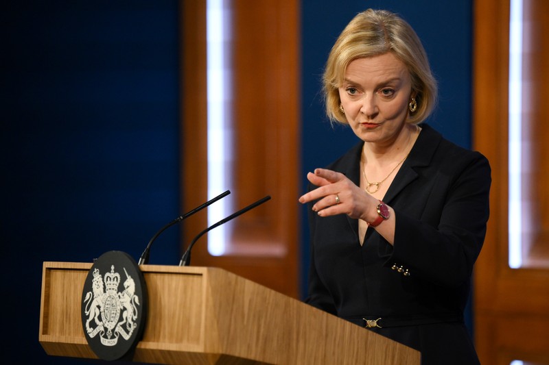 LONDON, ENGLAND - OCTOBER 14: UK Prime Minister Liz Truss talks at a press conference in 10 Downing Street after sacking her former Chancellor, Kwasi Kwarteng, on October 14, 2022 in London, England. After just five weeks in the job, Prime Minister Liz Truss has sacked Chancellor of The  Exchequer Kwasi Kwarteng after he delivered a mini-budget that plunged the UK economy into crisis. (Photo by Daniel Leal - WPA Pool/Getty Images)
