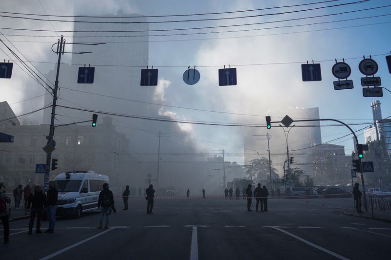 1244050657 Rescuers work to clear the rubble of a residential building destroyed by a ''kamikaze drone'' attack in downtown Kyiv, Ukriane, on October 17, 2022 (Photo by Oleg Pereverzev/NurPhoto via Getty Images)