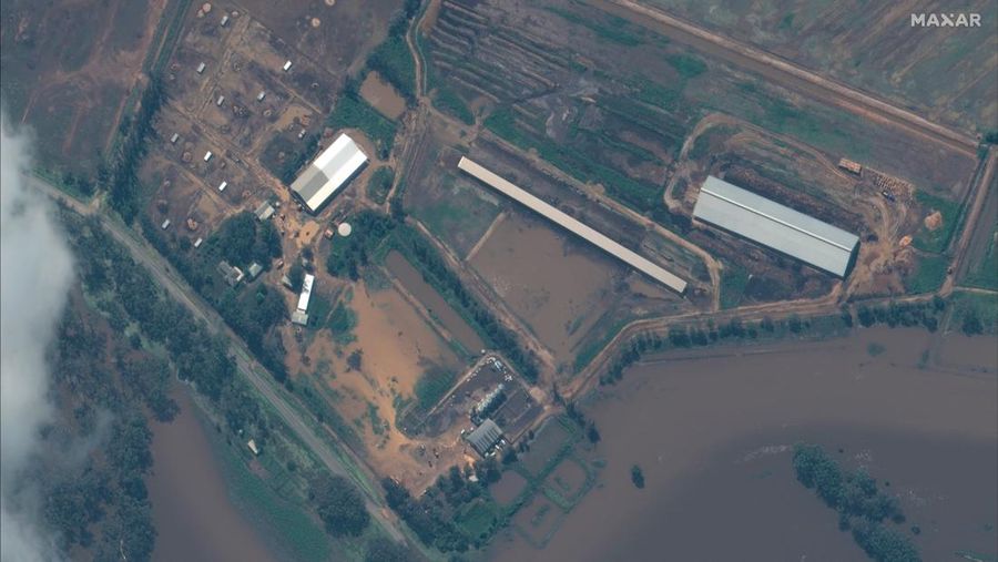 A satellite image shows a flooded road in Brewarrina, Australia, October 15, 2022. Maxar Technologies/Handout via REUTERS. ATTENTION EDITORS - THIS IMAGE HAS BEEN SUPPLIED BY A THIRD PARTY. NO RESALES. NO ARCHIVES. MANDATORY CREDIT. MUST NOT OBSCURE LOGO.