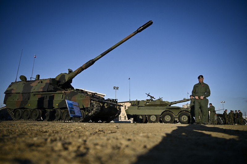 Italian soldiers stand in formation as they take part in the official ceremony marking Italy's becoming a framework nation for the NATO battle group on the territory of Bulgaria at Novo Selo military ground on October 17, 2022. (Photo by Nikolay DOYCHINOV / AFP) (Photo by NIKOLAY DOYCHINOV/AFP via Getty Images)