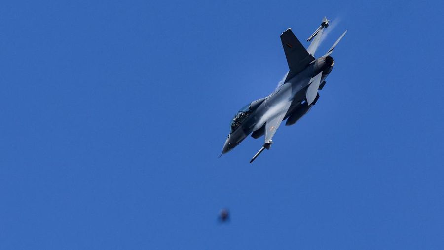 A Belgian F-16 jet fighter takes part in the NATO Air Nuclear drill 