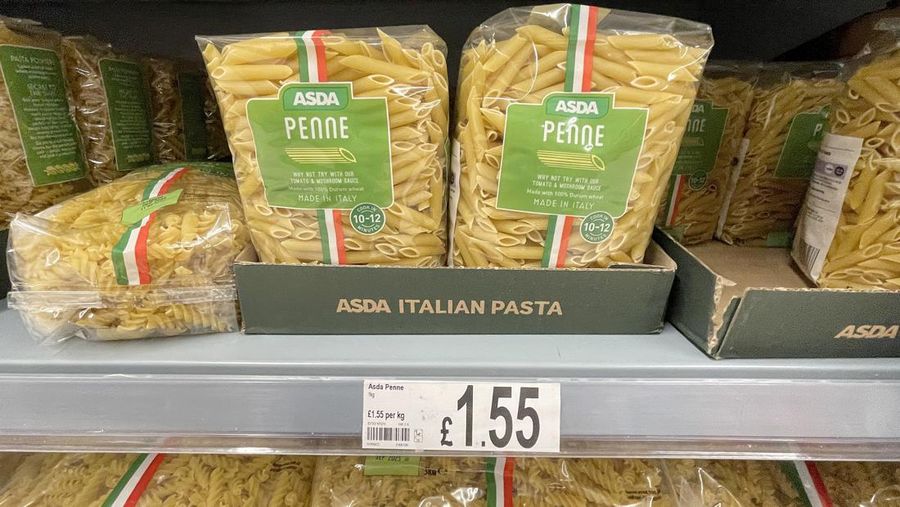 MANCHESTER, UNITED KINGDOM - OCTOBER 19: Pasta is seen for sale on an Asda supermarket shelf on October 19, 2022 in Manchester, United Kingdom. The Office for National Statistics (ONS) said the consumer prices index (CPI) measure rose from an annual rate of 9.9% in August to match the recent 40-year high of 10.1% seen in July. The largest contributing factor being the rise in food costs. (Photo by Christopher Furlong/Getty Images)