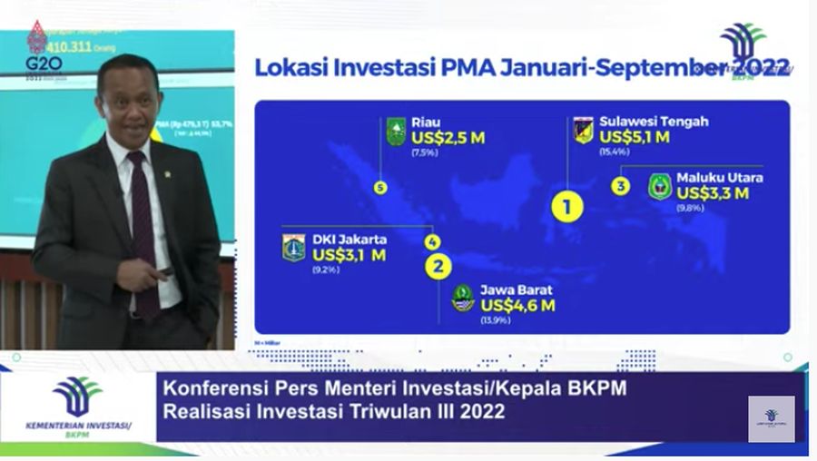 Menteri Investasi/Kepala Badan Koordinasi Penanaman Modal (BKPM) Bahlil Lahadalia Memberikan Keterangan Pers Mengenai Realisasi Investasi PMA & PMDN Triwulan III (Juli-September) Tahun 2022, Senin (24/20/2022). (Tangkapan Layar via Youtube BKPM)