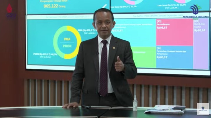 Menteri Investasi/Kepala Badan Koordinasi Penanaman Modal (BKPM) Bahlil Lahadalia Memberikan Keterangan Pers Mengenai Realisasi Investasi PMA & PMDN Triwulan III (Juli-September) Tahun 2022 Menteri Investasi/Kepala Badan Koordinasi Penanaman Modal (BKPM) Bahlil Lahadalia Memberikan Keterangan Pers Mengenai Realisasi Investasi PMA & PMDN Triwulan III (Juli-September) Tahun 2022, Senin (24/20/2022). (Tangkapan Layar via Youtube BKPM)