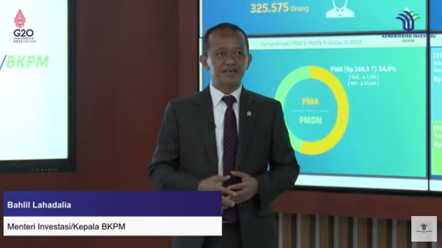 Menteri Investasi/Kepala Badan Koordinasi Penanaman Modal (BKPM) Bahlil Lahadalia Memberikan Keterangan Pers Mengenai Realisasi Investasi PMA & PMDN Triwulan III (Juli-September) Tahun 2022, Senin (24/20/2022). (Tangkapan Layar via Youtube BKPM)