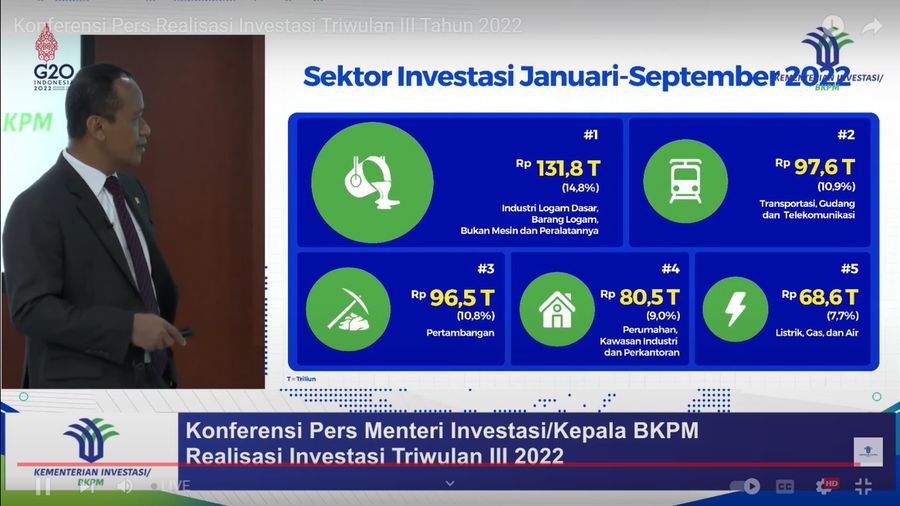 Menteri Investasi/Kepala Badan Koordinasi Penanaman Modal (BKPM) Bahlil Lahadalia Memberikan Keterangan Pers Mengenai Realisasi Investasi PMA & PMDN Triwulan III (Juli-September) Tahun 2022, Senin (24/20/2022). (Tangkapan Layar via Youtube BKPM)