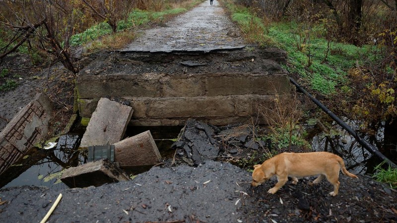 Myhaylo Yurkiv, 65, climbs out of the small bunker he stayed in for six months during fierce battles under Russian occupation which destroyed every home in the village and cut the village in two by the shelling of the bridge, leaving him now as the only person living on his side of the village, as Russia's invasion of Ukraine continues, in Tsupivka, Ukraine, October 26, 2022. REUTERS/Clodagh Kilcoyne     TPX IMAGES OF THE DAY