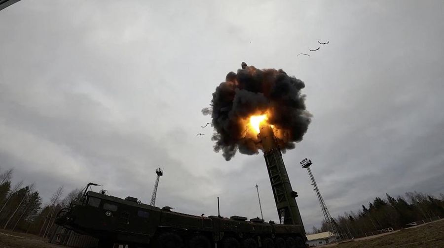 A still image from video, released by the Russian Defence Ministry, shows what it said to be Russia's Yars intercontinental ballistic missile launched during exercises held by the country's strategic nuclear forces at the Plesetsk Cosmodrome, Russia, in this image taken from handout footage released October 26, 2022. Russian Defence Ministry/Handout via REUTERS ATTENTION EDITORS - THIS IMAGE WAS PROVIDED BY A THIRD PARTY. NO RESALES. NO ARCHIVES. MANDATORY CREDIT.     TPX IMAGES OF THE DAY