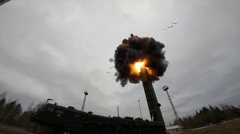 A still image from video, released by the Russian Defence Ministry, shows what it said to be Russia's Yars intercontinental ballistic missile launched during exercises held by the country's strategic nuclear forces at the Plesetsk Cosmodrome, Russia, in this image taken from handout footage released October 26, 2022. Russian Defence Ministry/Handout via REUTERS ATTENTION EDITORS - THIS IMAGE WAS PROVIDED BY A THIRD PARTY. NO RESALES. NO ARCHIVES. MANDATORY CREDIT.     TPX IMAGES OF THE DAY