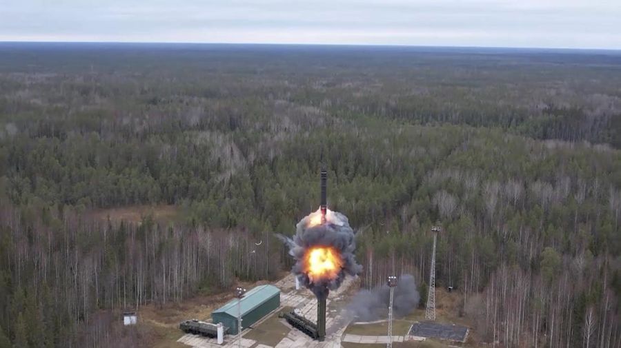 A still image from video, released by the Russian Defence Ministry, shows what it said to be Russia's Yars intercontinental ballistic missile launched during exercises held by the country's strategic nuclear forces at the Plesetsk Cosmodrome, Russia, in this image taken from handout footage released October 26, 2022. Russian Defence Ministry/Handout via REUTERS ATTENTION EDITORS - THIS IMAGE WAS PROVIDED BY A THIRD PARTY. NO RESALES. NO ARCHIVES. MANDATORY CREDIT.     TPX IMAGES OF THE DAY