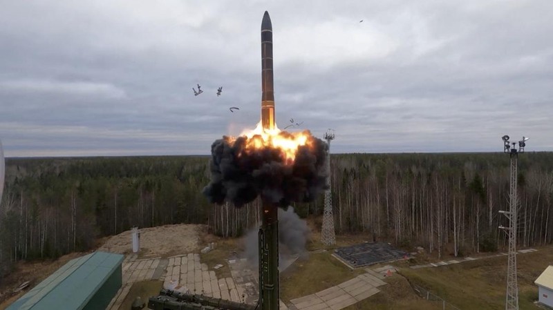 A still image from video, released by the Russian Defence Ministry, shows what it said to be Russia's Yars intercontinental ballistic missile launched during exercises held by the country's strategic nuclear forces at the Plesetsk Cosmodrome, Russia, in this image taken from handout footage released October 26, 2022. Russian Defence Ministry/Handout via REUTERS ATTENTION EDITORS - THIS IMAGE WAS PROVIDED BY A THIRD PARTY. NO RESALES. NO ARCHIVES. MANDATORY CREDIT.     TPX IMAGES OF THE DAY