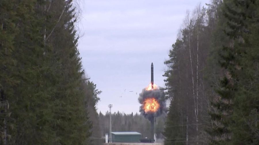 A still image from video, released by the Russian Defence Ministry, shows what it said to be Russia's Yars intercontinental ballistic missile launched during exercises held by the country's strategic nuclear forces at the Plesetsk Cosmodrome, Russia, in this image taken from handout footage released October 26, 2022. Russian Defence Ministry/Handout via REUTERS ATTENTION EDITORS - THIS IMAGE WAS PROVIDED BY A THIRD PARTY. NO RESALES. NO ARCHIVES. MANDATORY CREDIT.     TPX IMAGES OF THE DAY