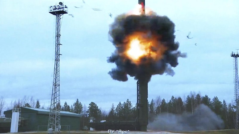 A still image from video, released by the Russian Defence Ministry, shows what it said to be Russia's Yars intercontinental ballistic missile launched during exercises held by the country's strategic nuclear forces at the Plesetsk Cosmodrome, Russia, in this image taken from handout footage released October 26, 2022. Russian Defence Ministry/Handout via REUTERS ATTENTION EDITORS - THIS IMAGE WAS PROVIDED BY A THIRD PARTY. NO RESALES. NO ARCHIVES. MANDATORY CREDIT.     TPX IMAGES OF THE DAY