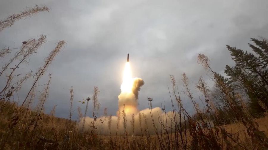 A still image from video, released by the Russian Defence Ministry, shows what it said to be Russia's Yars intercontinental ballistic missile launched during exercises held by the country's strategic nuclear forces at the Plesetsk Cosmodrome, Russia, in this image taken from handout footage released October 26, 2022. Russian Defence Ministry/Handout via REUTERS ATTENTION EDITORS - THIS IMAGE WAS PROVIDED BY A THIRD PARTY. NO RESALES. NO ARCHIVES. MANDATORY CREDIT.     TPX IMAGES OF THE DAY