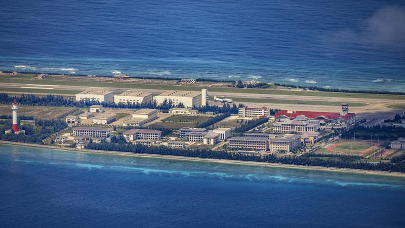 SPRATLY ISLANDS, AT SEA - OCTOBER 25: Buildings and structures are seen on the artificial island built by China in Gaven Reefs on October 25, 2022 in Spratly Islands, South China Sea. China has progressively asserted its claim of ownership over disputed islands in the South China Sea by artificially increasing the size of islands, creating new islands and building ports, military outposts and airstrips. The South China sea is an important trade route and is of significant interest as geopolitical tensions remain high in the region. (Photo by Ezra Acayan/Getty Images)