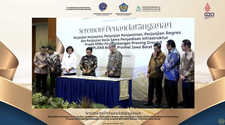 Penandatanganan Proyek KPBU Pengembangan Proving Ground BPLJSKB Bekasi Provinsi Jawa Barat. (Tangkapan layar Kemenkau RI) Penandatanganan Proyek KPBU Pengembangan Proving Ground BPLJSKB Bekasi Provinsi Jawa Barat. (Tangkapan layar Kemenkau RI)