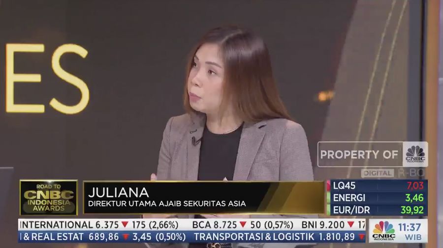 Juliana Direktur Utama Ajaib Sekuritas Asia, dalam acara CNBC Indonesia Awards 2022. (Tangkapan layar CNBC Indonesia TV)