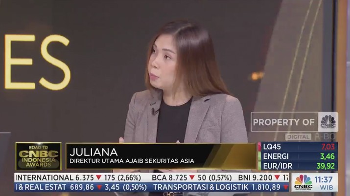 Juliana Direktur Utama Ajaib Sekuritas Asia, dalam acara CNBC Indonesia Awards 2022. (Tangkapan layar CNBC Indonesia TV) Juliana Direktur Utama Ajaib Sekuritas Asia, dalam acara CNBC Indonesia Awards 2022. (Tangkapan layar CNBC Indonesia TV)