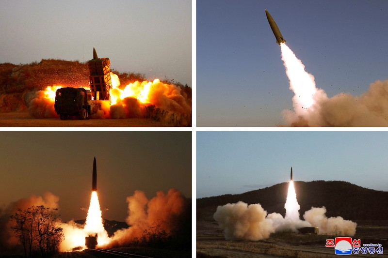 Uji coba rudal Korea Utara baru-baru ini digambarkan dalam foto kombinasi tak bertanggal yang diambil di lokasi yang dirahasiakan dan dirilis pada 7 November 2022 oleh Kantor Berita Pusat Korea (KCNA) Korea Utara. (KCNA via REUTERS)