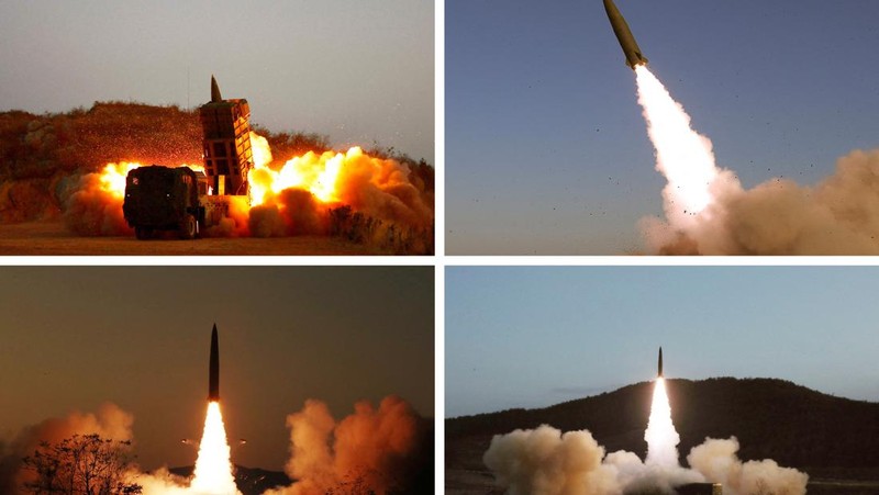 Uji coba rudal Korea Utara baru-baru ini digambarkan dalam foto kombinasi tak bertanggal yang diambil di lokasi yang dirahasiakan dan dirilis pada 7 November 2022 oleh Kantor Berita Pusat Korea (KCNA) Korea Utara. (KCNA via REUTERS)