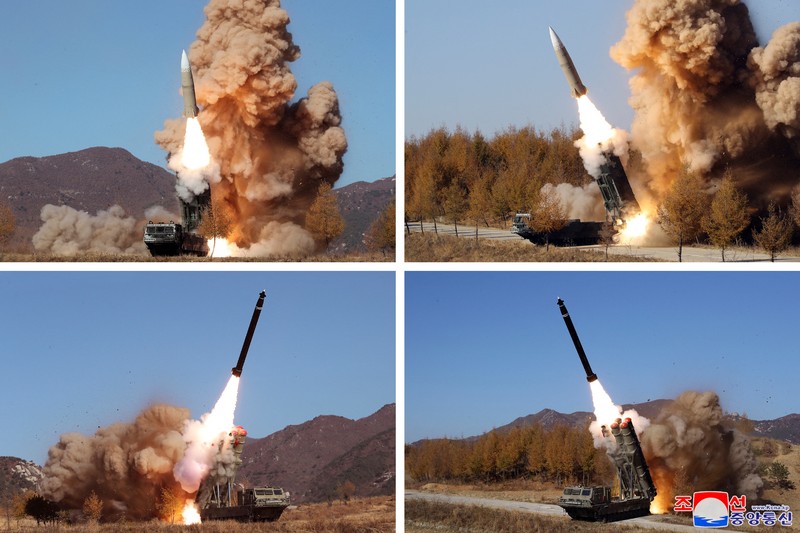 Uji coba rudal Korea Utara baru-baru ini digambarkan dalam foto kombinasi tak bertanggal yang diambil di lokasi yang dirahasiakan dan dirilis pada 7 November 2022 oleh Kantor Berita Pusat Korea (KCNA) Korea Utara. (KCNA via REUTERS)