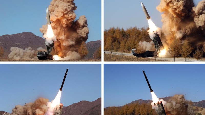 Uji coba rudal Korea Utara baru-baru ini digambarkan dalam foto kombinasi tak bertanggal yang diambil di lokasi yang dirahasiakan dan dirilis pada 7 November 2022 oleh Kantor Berita Pusat Korea (KCNA) Korea Utara. (KCNA via REUTERS)