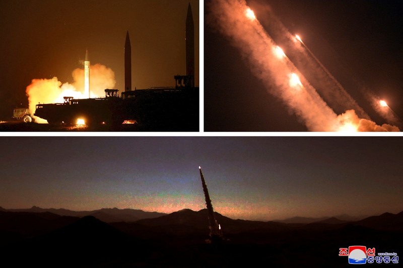 Uji coba rudal Korea Utara baru-baru ini digambarkan dalam foto kombinasi tak bertanggal yang diambil di lokasi yang dirahasiakan dan dirilis pada 7 November 2022 oleh Kantor Berita Pusat Korea (KCNA) Korea Utara. (KCNA via REUTERS)