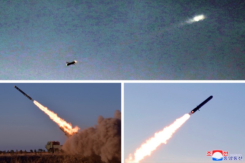 Uji coba rudal Korea Utara baru-baru ini digambarkan dalam foto kombinasi tak bertanggal yang diambil di lokasi yang dirahasiakan dan dirilis pada 7 November 2022 oleh Kantor Berita Pusat Korea (KCNA) Korea Utara. (KCNA via REUTERS)