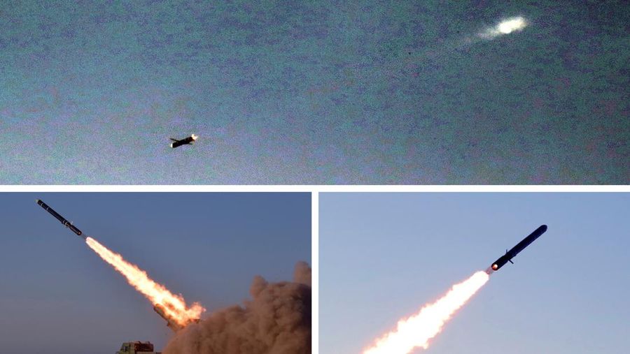Uji coba rudal Korea Utara baru-baru ini digambarkan dalam foto kombinasi tak bertanggal yang diambil di lokasi yang dirahasiakan dan dirilis pada 7 November 2022 oleh Kantor Berita Pusat Korea (KCNA) Korea Utara. (KCNA via REUTERS)