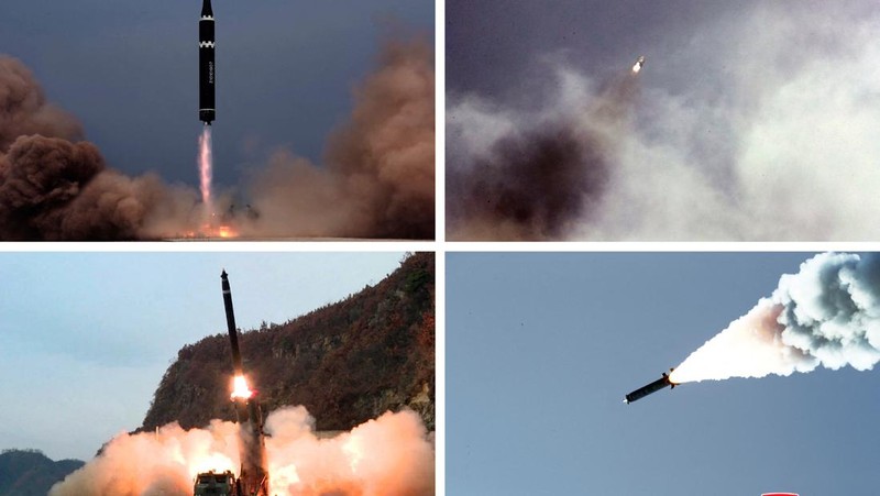 Uji coba rudal Korea Utara baru-baru ini digambarkan dalam foto kombinasi tak bertanggal yang diambil di lokasi yang dirahasiakan dan dirilis pada 7 November 2022 oleh Kantor Berita Pusat Korea (KCNA) Korea Utara. (KCNA via REUTERS)