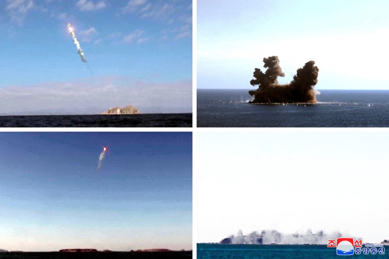 Uji coba rudal Korea Utara baru-baru ini digambarkan dalam foto kombinasi tak bertanggal yang diambil di lokasi yang dirahasiakan dan dirilis pada 7 November 2022 oleh Kantor Berita Pusat Korea (KCNA) Korea Utara. (KCNA via REUTERS)
