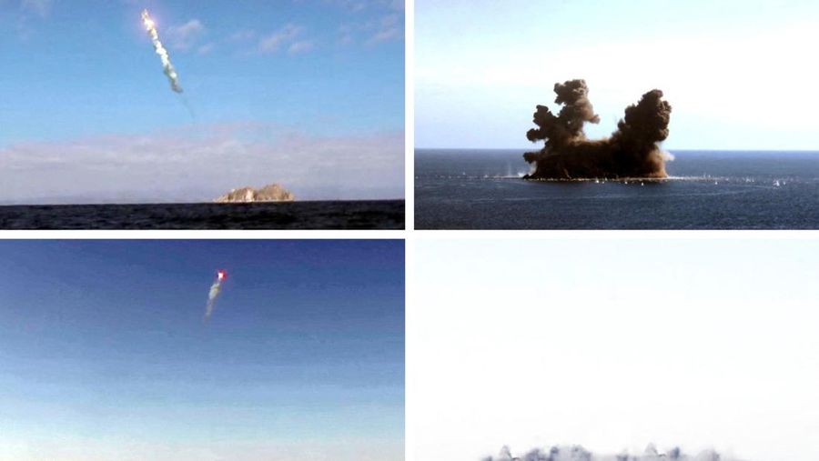 Uji coba rudal Korea Utara baru-baru ini digambarkan dalam foto kombinasi tak bertanggal yang diambil di lokasi yang dirahasiakan dan dirilis pada 7 November 2022 oleh Kantor Berita Pusat Korea (KCNA) Korea Utara. (KCNA via REUTERS)