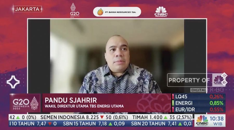 Wakil Direktur Utama PT TBS Energi Utama Tbk Pandu Sjahrir dalam acara CNBC Indonesia G20 Forum dengan tema 'The Future of Indonesian Energy Transition'.