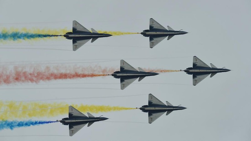 The August 1st Aerobatic Team of the Chinese Air Force performs during the Airshow China in Zhuhai, Guangdong province, China, Nov 8, 2022. (CFOTO/Future Publishing via Getty Images)