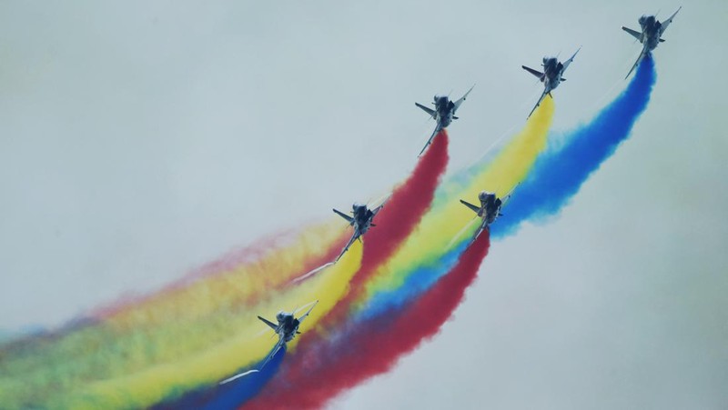 The August 1st Aerobatic Team of the Chinese Air Force performs during the Airshow China in Zhuhai, Guangdong province, China, Nov 8, 2022. (CFOTO/Future Publishing via Getty Images)