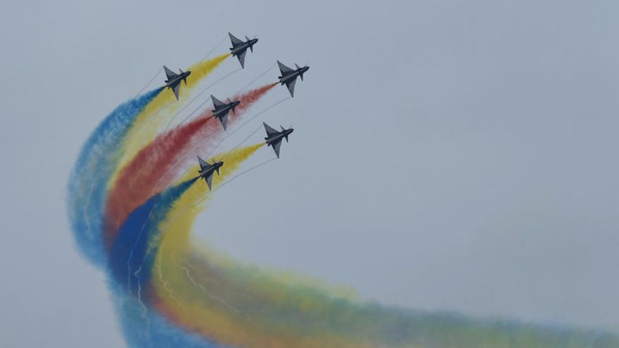 The August 1st Aerobatic Team of the Chinese Air Force performs during the Airshow China in Zhuhai, Guangdong province, China, Nov 8, 2022. (CFOTO/Future Publishing via Getty Images)