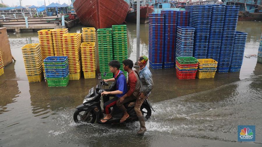 Pesisir Muara Angke di wilayah Pluit, Penjaringan, Jakarta Utara, terpantau masih aman dari terjangan banjir rob pada (9/11/2022). (CNBC Indonesia/ Muhammad Sabki)