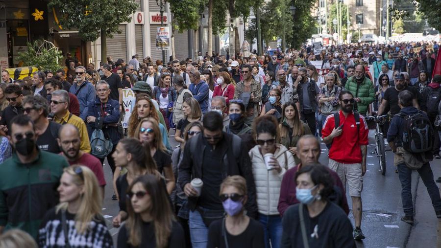 09 November 2022, Greece, Athen: Union members protest high prices during a 24-hour general strike in Athens. The major Greek trade unions have called for a nationwide 24-hour strike. Photo: Socrates Baltagiannis/dpa (Photo by Socrates Baltagiannis/picture alliance via Getty Images)