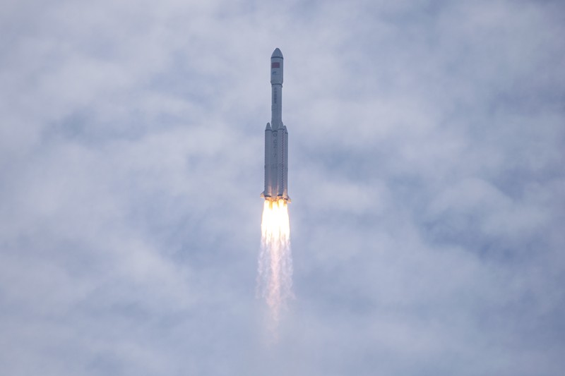 WENCHANG, CHINA - NOVEMBER 12: A Long March-7 Y6 rocket carrying the Tianzhou-5 cargo spacecraft blasts off from the Wenchang Spacecraft Launch Site on November 12, 2022 in Wenchang, Hainan Province of China. (Photo by Luo Yunfei/China News Service via Getty Images)
