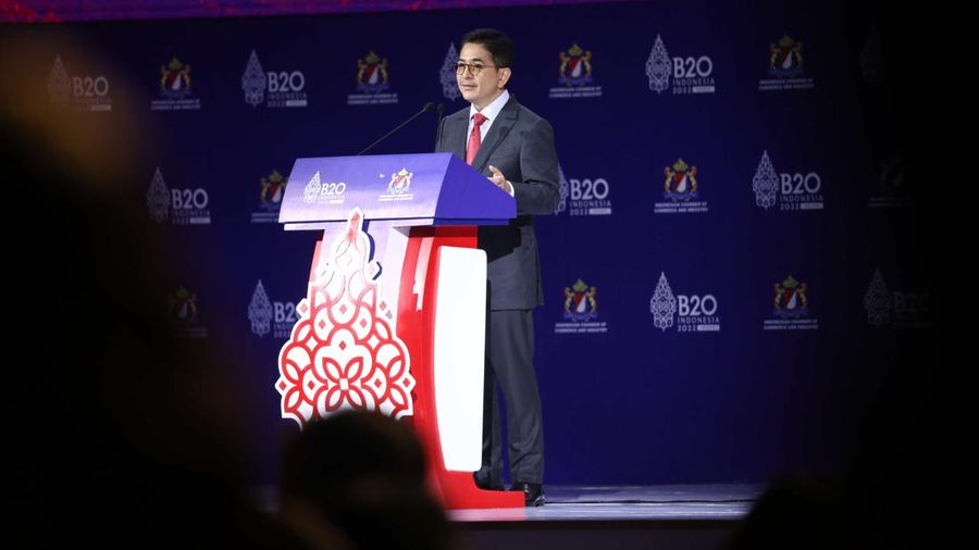 Arsjad Rasyid, ketua Kadin Indonesia dalam acara pembukaan B20 Summit di BNDCC Nusa Dua, Bali, Minggu (13/11/2022). (CNBC Indonesia/Tri Susilo)